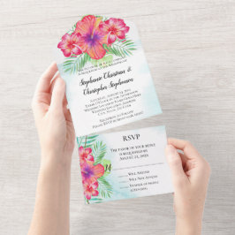 Invitación Todo En Uno Boda Tropical Hibiscus Flower Watercolor Beach