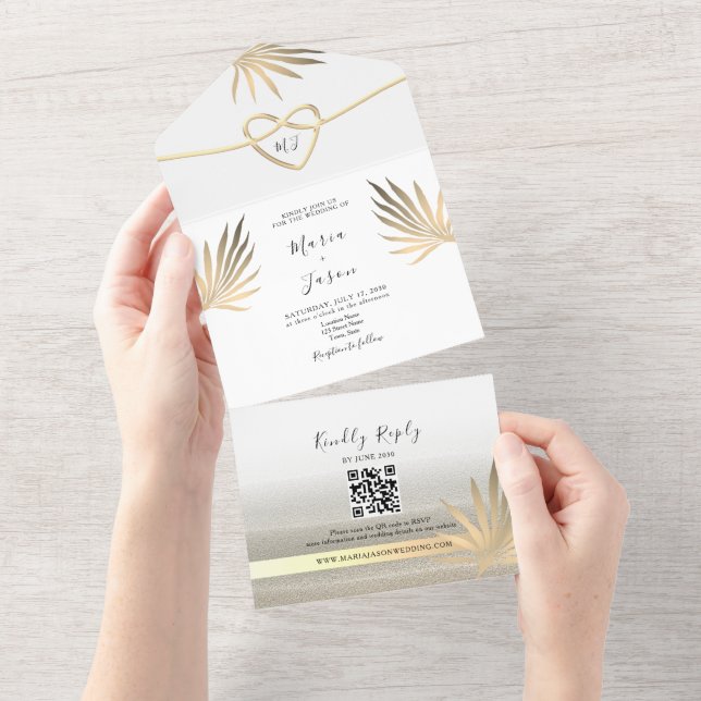 Invitación Todo En Uno Boda Tropical Palm Tree Gold Beach (desgarro)