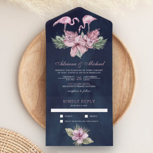 Invitación Todo En Uno Boda Tropical Rosa Floral Flamingo Azul Marino