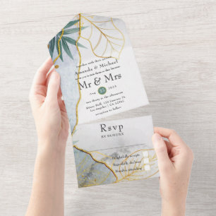 Invitación Todo En Uno Boda Tropical Verde y Dorado