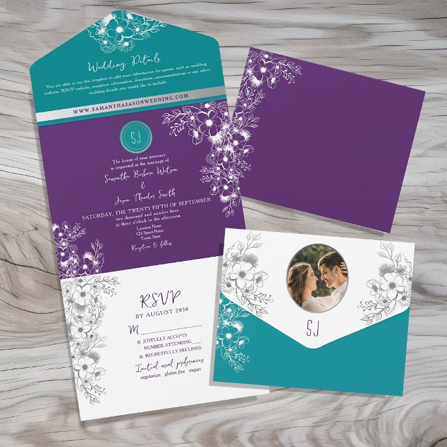 Invitación Todo En Uno Boda turquesa Verde azulado y púrpura (Subido por el creador)