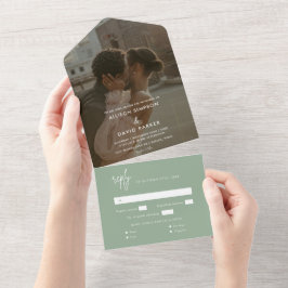 Invitación Todo En Uno Boda único de foto verde sabio minimalista