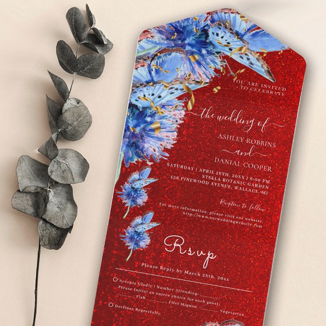 Invitación Todo En Uno Boda único de mariposas azules de Purpurina rojo (Subido por el creador)
