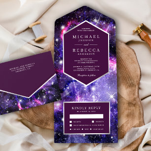 Invitación Todo En Uno Boda Universo Espacio Exterior Púrpura Galaxia