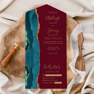 Invitación Todo En Uno Boda verde azulado Agate Gold Burgundy