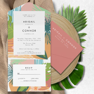 Invitación Todo En Uno Boda Verde azulado coral negrita Resumen tropical