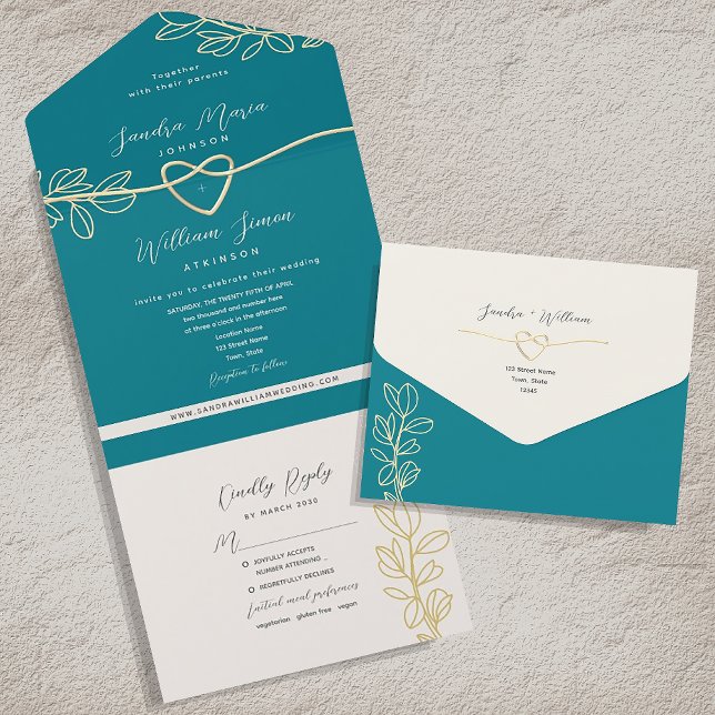Invitación Todo En Uno Boda Verde azulado de Boho (Subido por el creador)