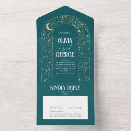 Invitación Todo En Uno Boda Verde azulado del Arco Celeste de Night Sky S