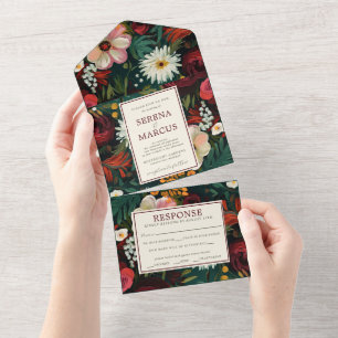 Invitación Todo En Uno Boda Verde azulado floral oscuro borgoña pintada