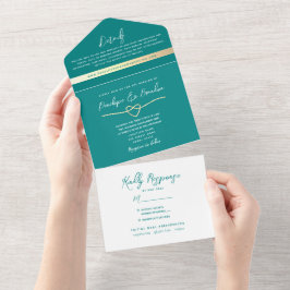 Invitación Todo En Uno Boda Verde azulado moderno y elegante