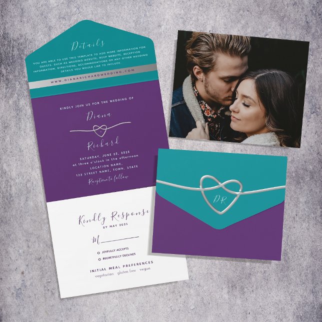 Invitación Todo En Uno Boda Verde azulado púrpura moderno (Subido por el creador)