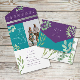 Invitación Todo En Uno Boda verde azulado y púrpura