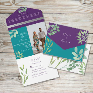 Invitación Todo En Uno Boda verde azulado y púrpura