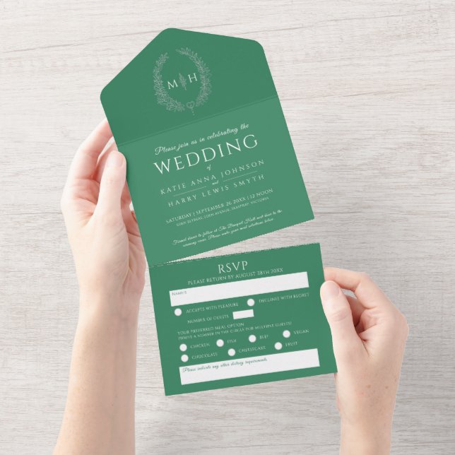 Invitación Todo En Uno Boda verde blanco plata hojas monograma ovalado (desgarro)