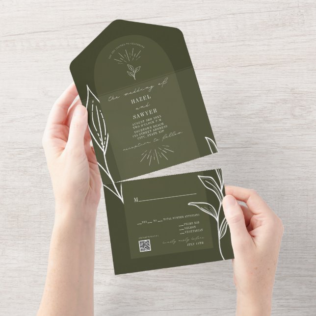 Invitación Todo En Uno Boda verde botánico Arch QR RSVP (desgarro)