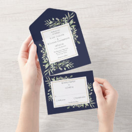 Invitación Todo En Uno Boda Verde Botánico Hojas Azul Marino