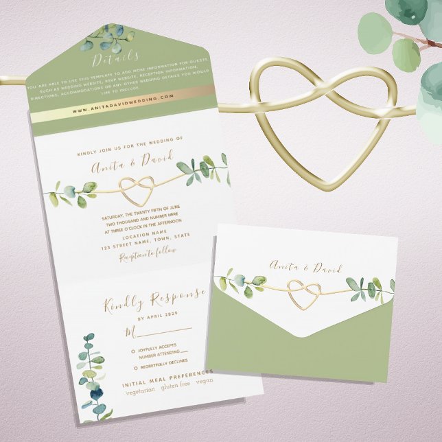 Invitación Todo En Uno Boda Verde Botánico Sálvia Dorada (Subido por el creador)