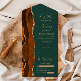Invitación Todo En Uno Boda Verde Cazador con Ágata Dorada de Óxido Moder