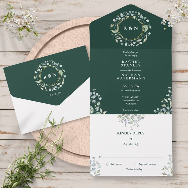 Invitación Todo En Uno Boda verde de flores de monograma esmeralda verde (Monogram Greenery Floral Emerald Green Wedding All In One Invitation)