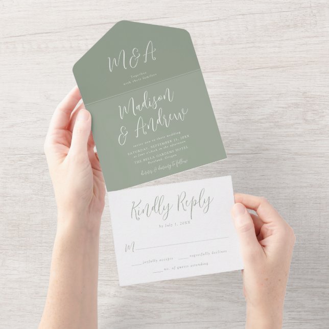 Invitación Todo En Uno Boda verde de guión simple (desgarro)