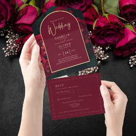 Invitación Todo En Uno Boda Verde de Invierno Profunda Roses Rojos