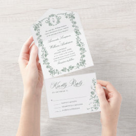 Invitación Todo En Uno Boda Verde de la orquesta victoriana Grace Floral