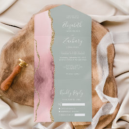 Invitación Todo En Uno Boda verde de la Rubor Pink Gold Agate Pale Sage