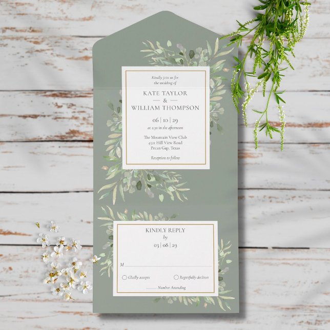 Invitación Todo En Uno Boda verde de monograma verde de salvia (Subido por el creador)