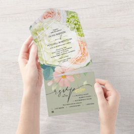 Invitación Todo En Uno Boda verde de salvia floral acuarela