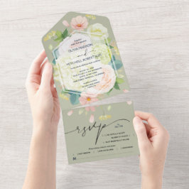 Invitación Todo En Uno Boda verde de salvia floral acuarela