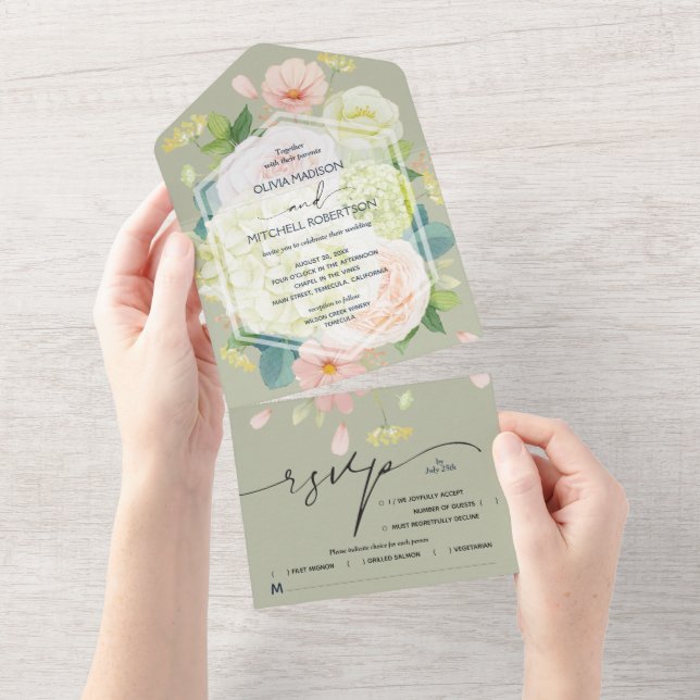Invitación Todo En Uno Boda verde de salvia floral acuarela (desgarro)