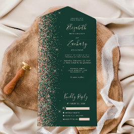 Invitación Todo En Uno Boda Verde Esmeralda con Brillo de Melocotón