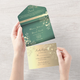 Invitación Todo En Uno Boda verde esmeralda de encaje floral de oro