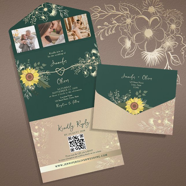 Invitación Todo En Uno Boda verde esmeralda de girasol floral rústico (Subido por el creador)