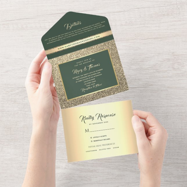 Invitación Todo En Uno Boda verde esmeralda de lujo (desgarro)