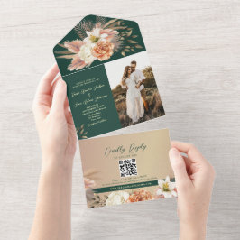 Invitación Todo En Uno Boda verde esmeralda de maceta floral