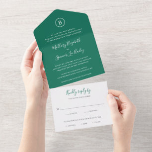 Invitación Todo En Uno Boda verde esmeralda elegante monograma clásico