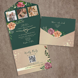 Invitación Todo En Uno Boda verde esmeralda floral romántica