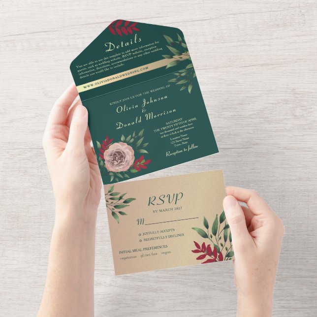 Invitación Todo En Uno Boda verde esmeralda floral rústica (desgarro)