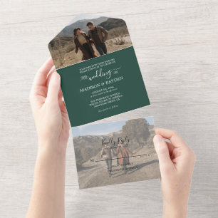 Invitación Todo En Uno Boda verde esmeralda minimalista
