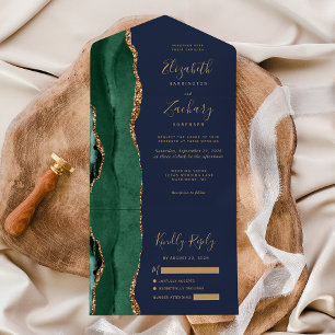Invitación Todo En Uno Boda Verde Esmeralda Oro Ágata Azul Marino