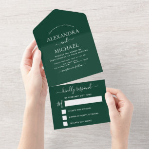 Invitación Todo En Uno Boda Verde Esmeralda Typografía moderna RSVP