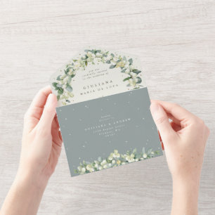 Invitación Todo En Uno Boda Verde Espuma de Mar/Crema Snowberry+Eucalipto