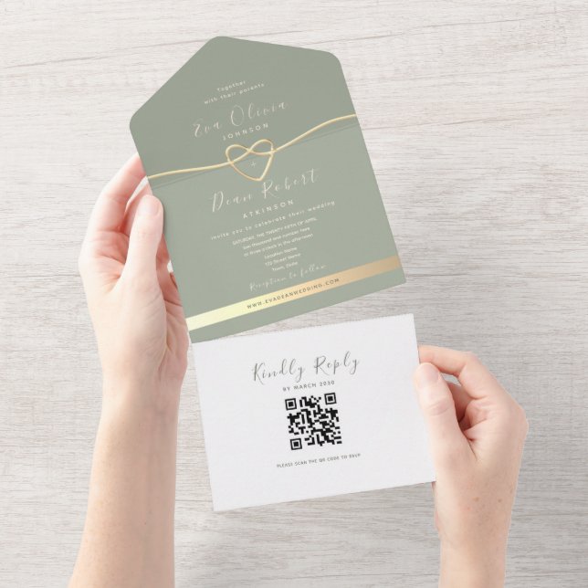 Invitación Todo En Uno Boda verde inteligente del código QR (desgarro)