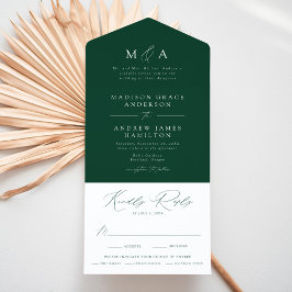Invitación Todo En Uno Boda Verde Monograma Elegante Moderno