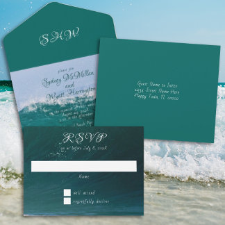 Invitación Todo En Uno Boda Verde Ola Profunda del Océano