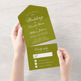 Invitación Todo En Uno Boda Verde Oliva Caligrafía Elegante RSVP