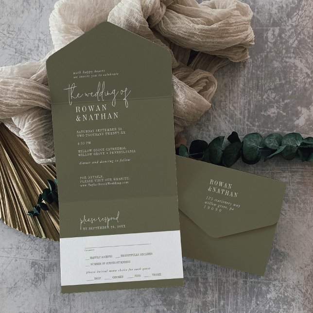 Invitación Todo En Uno Boda verde oliva de Moda moderna (Subido por el creador)