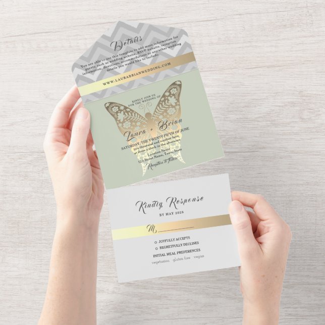 Invitación Todo En Uno Boda verde oro y sabio (desgarro)
