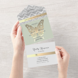 Invitación Todo En Uno Boda verde oro y sabio